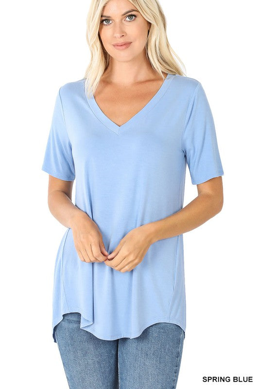 LUXE RAYON SHORT SLEEVE V-NECK HI-LOW HEM TOP