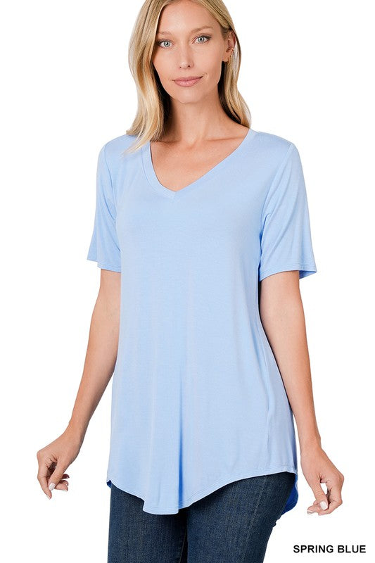 LUXE RAYON SHORT SLEEVE V-NECK HI-LOW HEM TOP