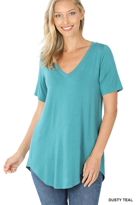 LUXE RAYON SHORT SLEEVE V-NECK HI-LOW HEM TOP