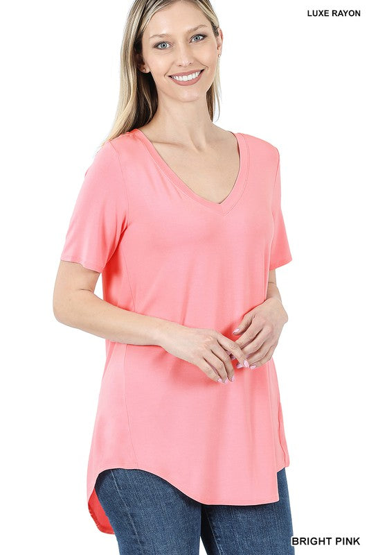 LUXE RAYON SHORT SLEEVE V-NECK HI-LOW HEM TOP