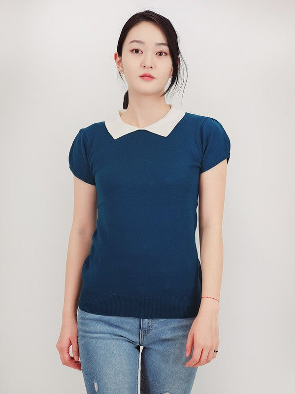 Cute Contrast Collar Pleated Cap Sleeve Knit Top