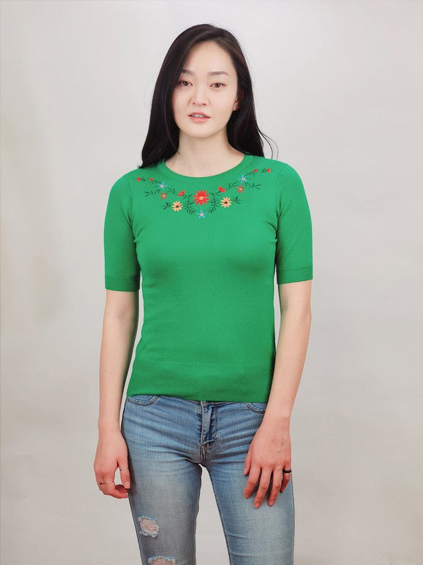 Daisy Flower Embroidered Knit Pullover Sweater