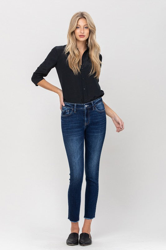 Mid Rise Raw Hem Crop Skinny