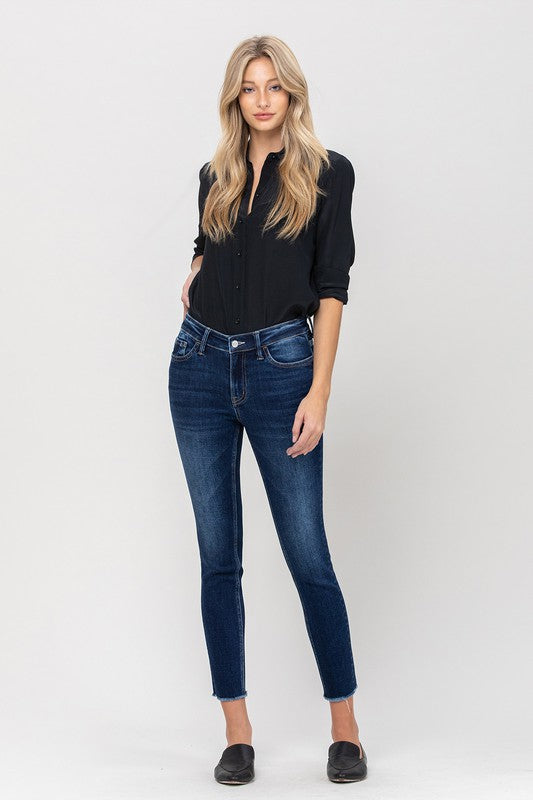 Mid Rise Raw Hem Crop Skinny