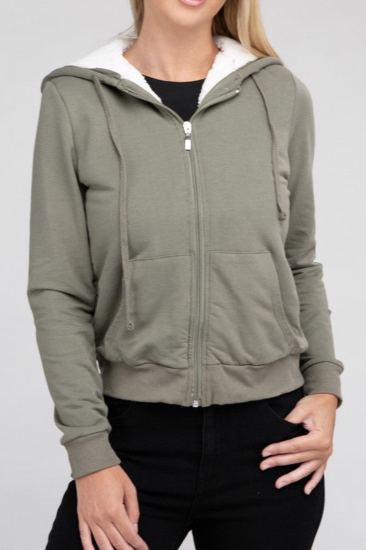 Fuzzy Trim Zip-Up Crop Hoodie