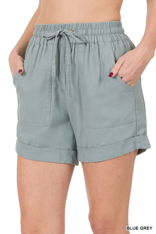 LINEN DRAWSTRING-WAIST SHORTS WITH POCKETS