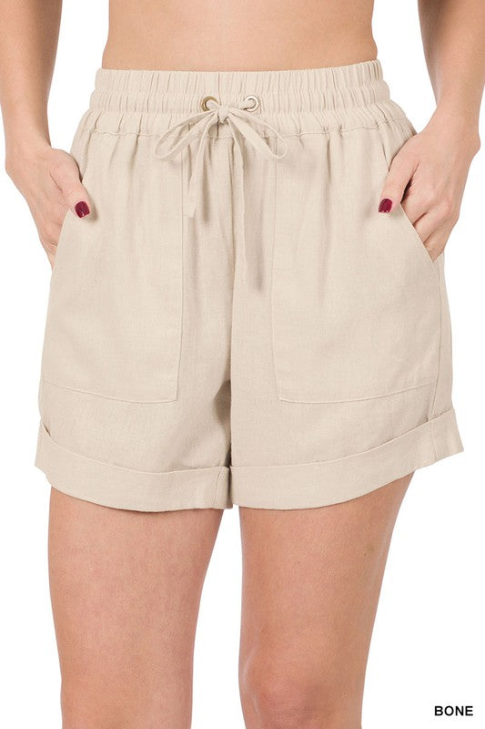 LINEN DRAWSTRING-WAIST SHORTS WITH POCKETS