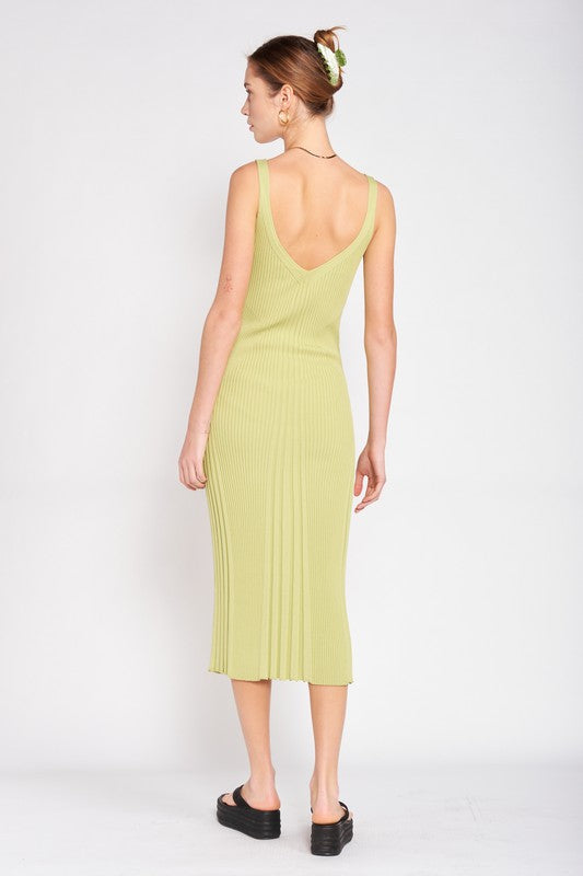 V NECK RIBBED MIDI DRESS WITH OPEN BACK