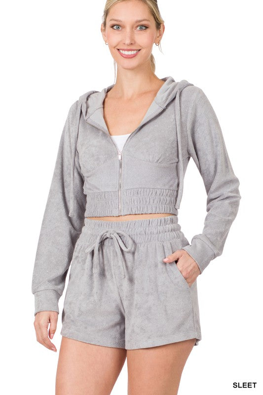 LOOP TERRY ZIP UP CROPPED HOODIE & SHORTS SET