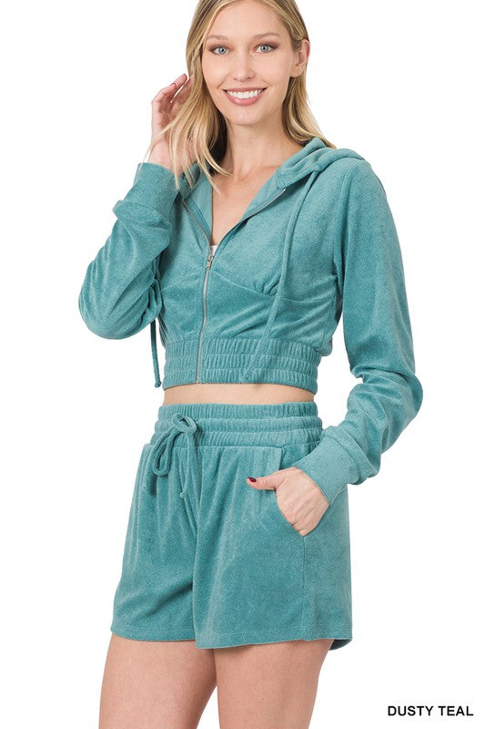 LOOP TERRY ZIP UP CROPPED HOODIE & SHORTS SET