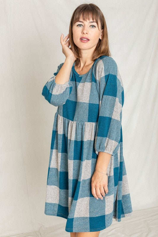 Checker Balloon Sleeve Midi Dress