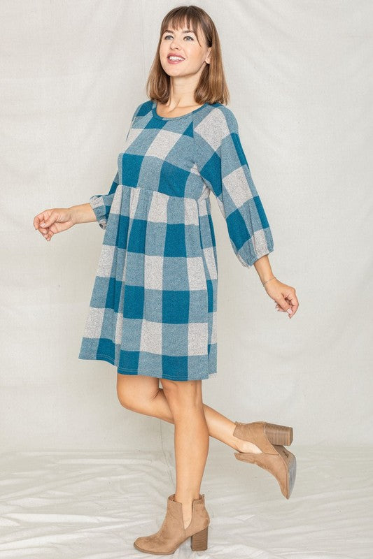 Checker Balloon Sleeve Midi Dress