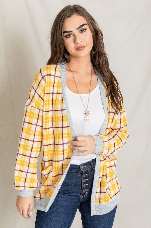 Knit Plaid Slouch Cardigan