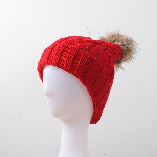 BRAIDED KNITTED FUR POM POM BEANIE