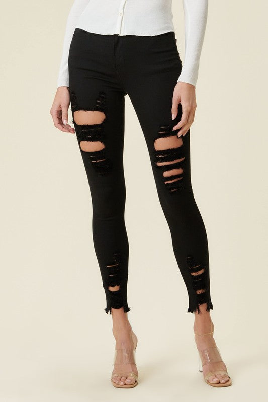 HIGH RISE DISTRESSED SKINNY W RAW HEM