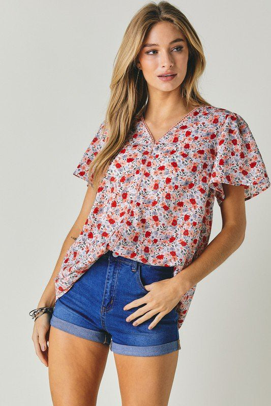 FLORAL PRINTED V NECK SHORT SLEEVE TOP