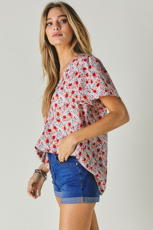 FLORAL PRINTED V NECK SHORT SLEEVE TOP