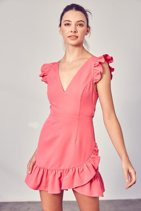 V-NECK RUFFLE DRESS