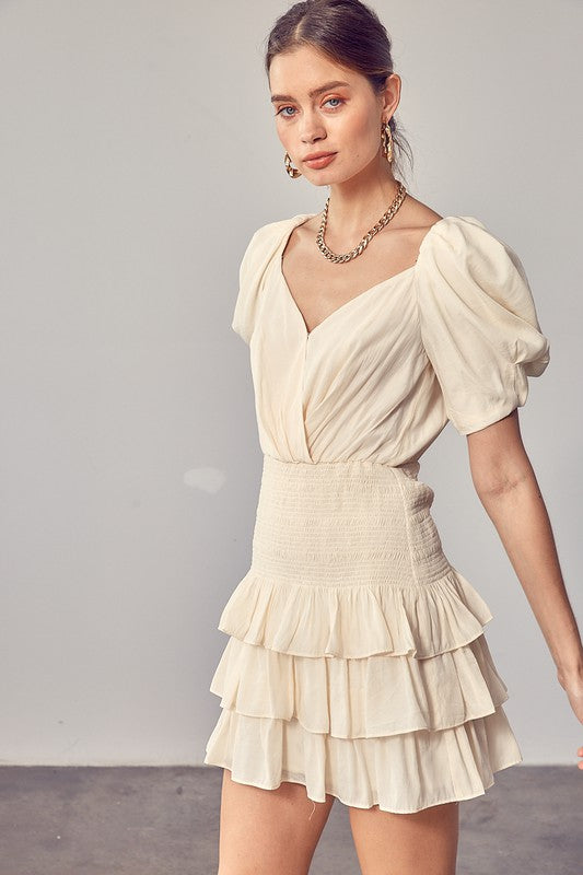 PUFF SLEEVES RUFFLE DRESS