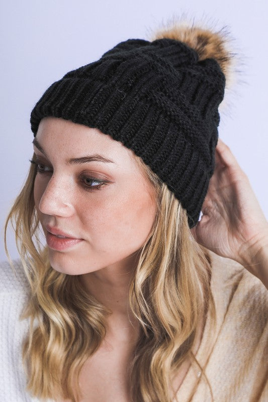 BRAIDED KNITTED FUR POM POM BEANIE