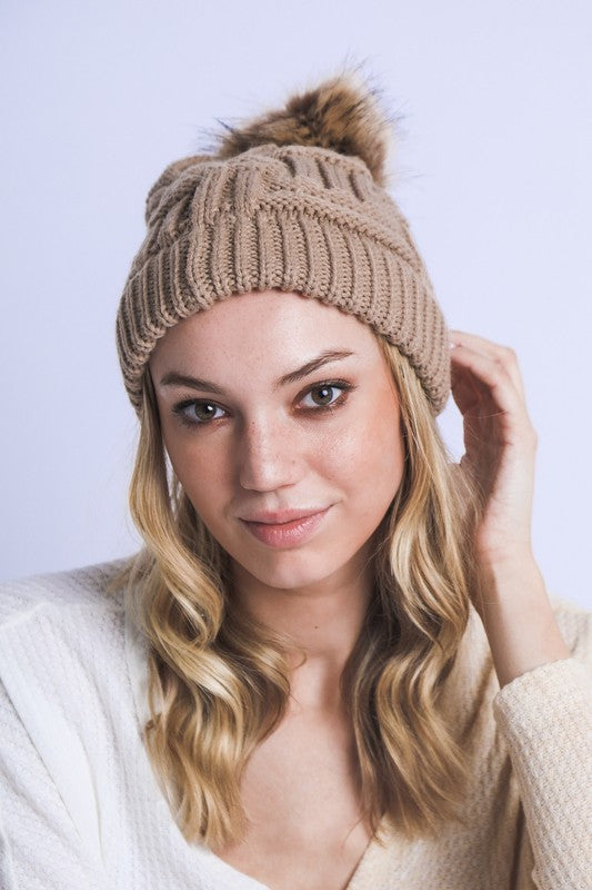 BRAIDED KNITTED FUR POM POM BEANIE