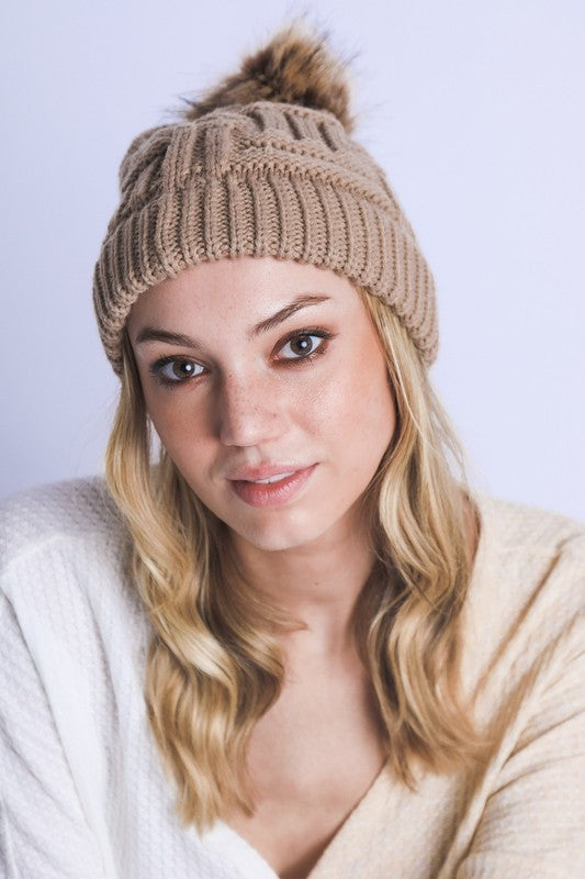 BRAIDED KNITTED FUR POM POM BEANIE