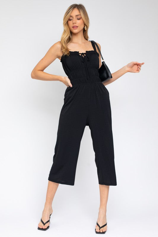 SLEEVELESS DRAWSTRING CROPPED JUMPSUIT