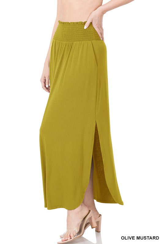 SMOCKED WAIST SIDE SLIT MAXI SKIRT WITH POCKETS