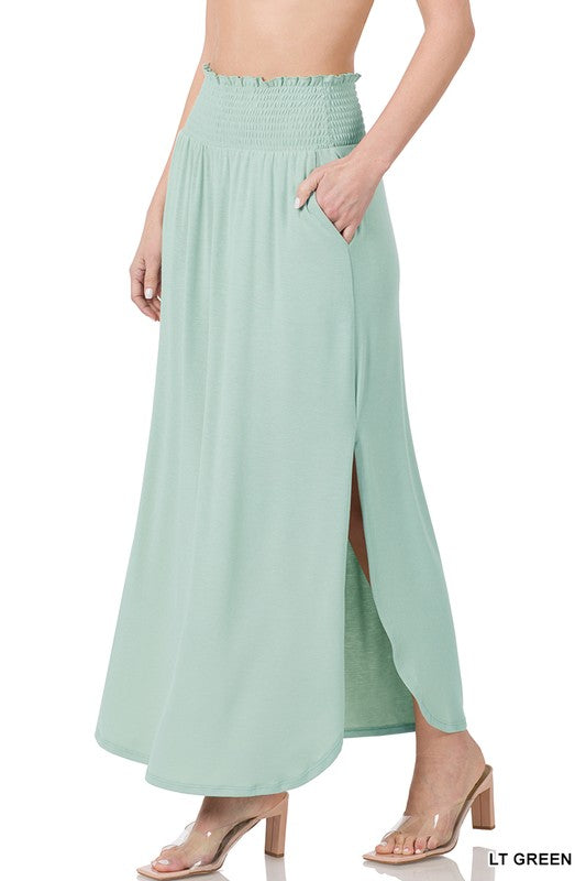 SMOCKED WAIST SIDE SLIT MAXI SKIRT WITH POCKETS