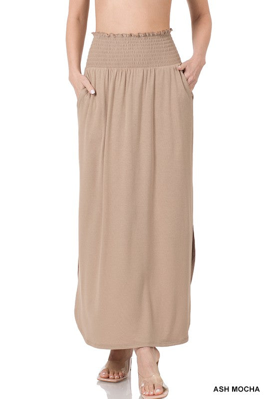 SMOCKED WAIST SIDE SLIT MAXI SKIRT WITH POCKETS