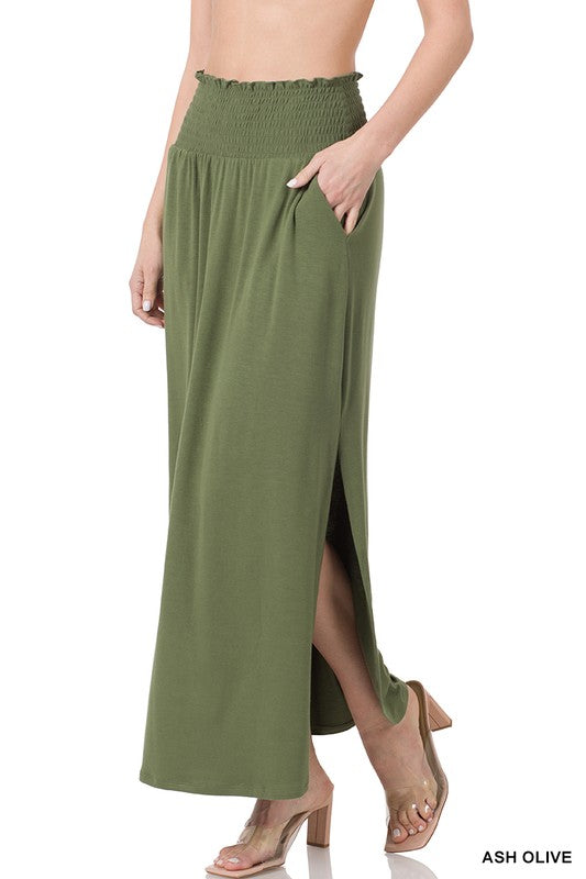 SMOCKED WAIST SIDE SLIT MAXI SKIRT WITH POCKETS