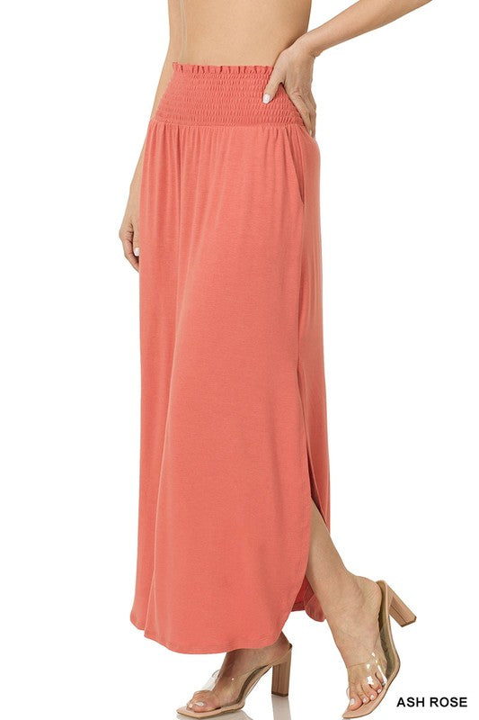 SMOCKED WAIST SIDE SLIT MAXI SKIRT WITH POCKETS