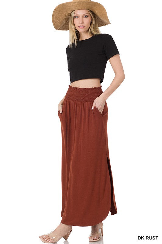 SMOCKED WAIST SIDE SLIT MAXI SKIRT WITH POCKETS