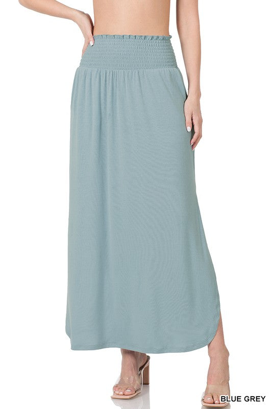 SMOCKED WAIST SIDE SLIT MAXI SKIRT WITH POCKETS