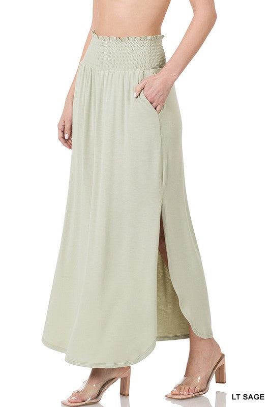 SMOCKED WAIST SIDE SLIT MAXI SKIRT WITH POCKETS