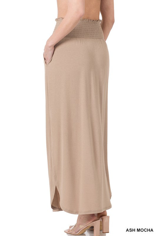 SMOCKED WAIST SIDE SLIT MAXI SKIRT WITH POCKETS