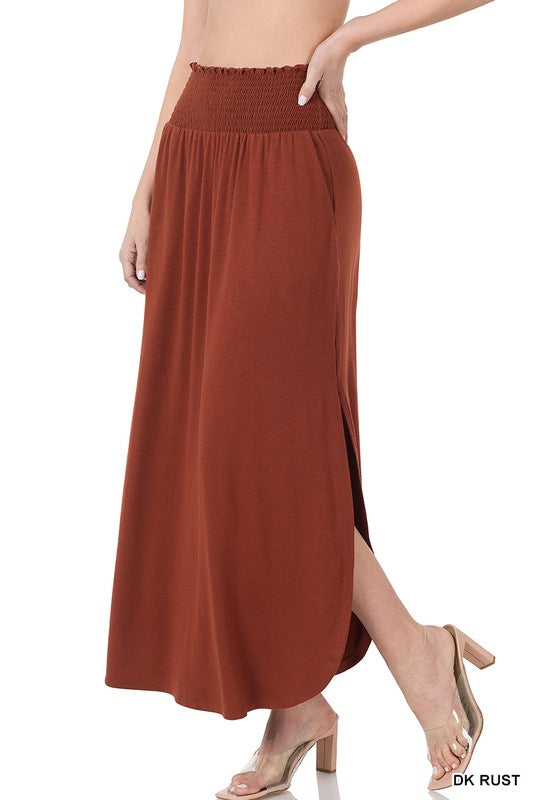 SMOCKED WAIST SIDE SLIT MAXI SKIRT WITH POCKETS