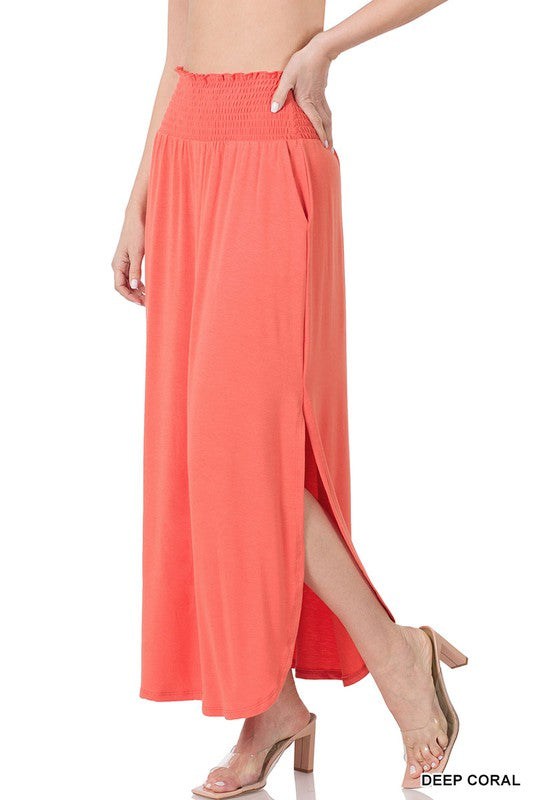 SMOCKED WAIST SIDE SLIT MAXI SKIRT WITH POCKETS