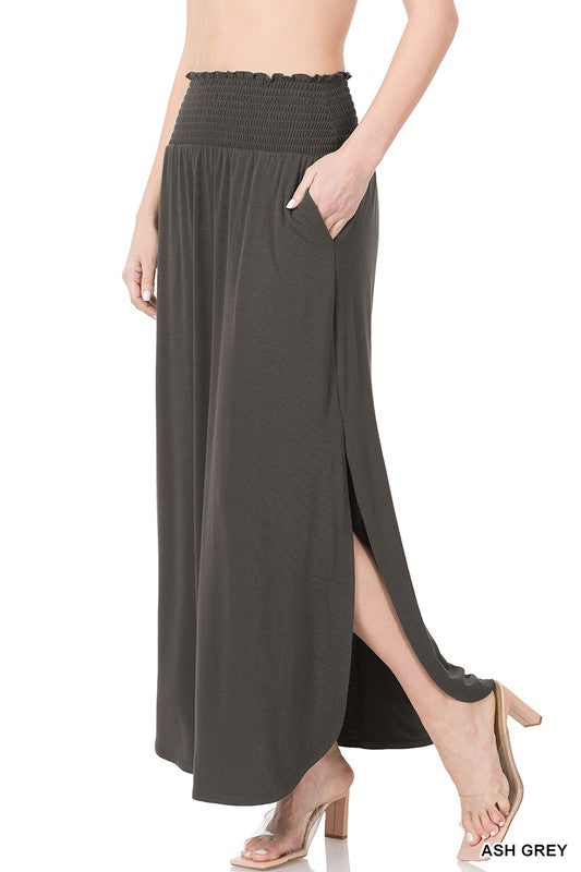 SMOCKED WAIST SIDE SLIT MAXI SKIRT WITH POCKETS