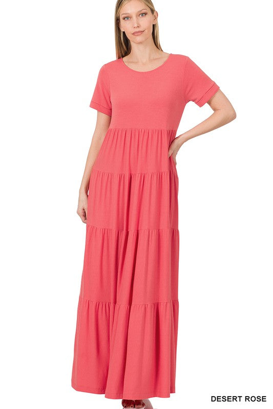 SHORT SLEEVE TIERED MAXI DRESS