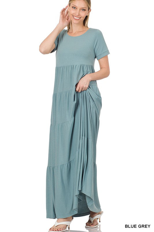 SHORT SLEEVE TIERED MAXI DRESS