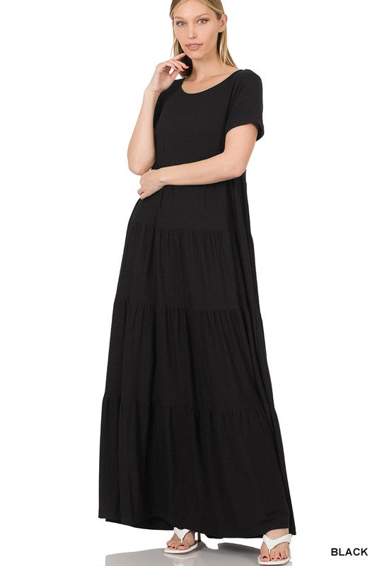 SHORT SLEEVE TIERED MAXI DRESS