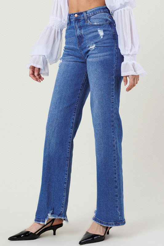 HIGH RISE WIDE LEG W DISTRESSED HEM DETAIL