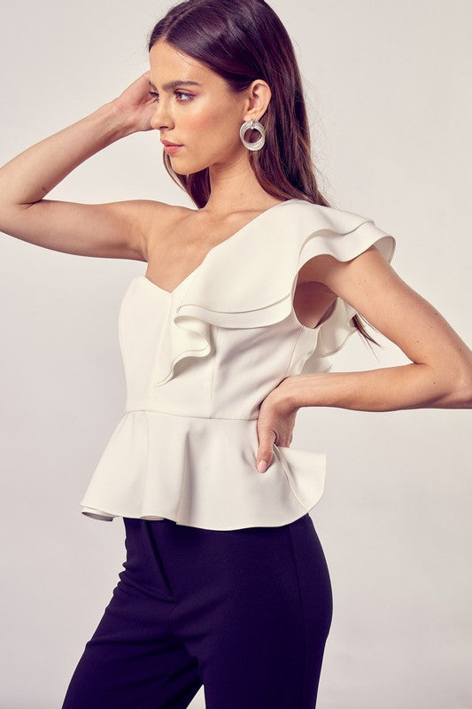 ONE SHOULDER RUFFLE PEPLUM TOP