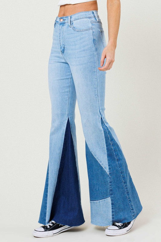 COLOR BLOCK SIDE SLIT FLARE JEANS