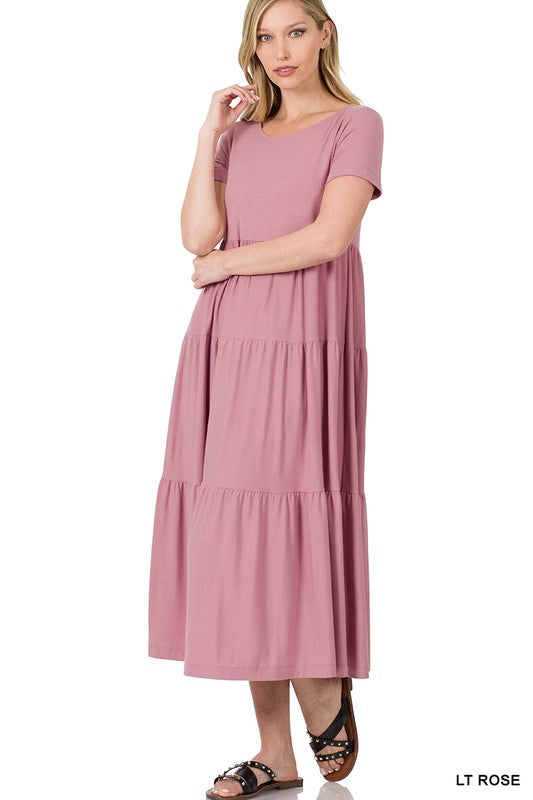 SHORT SLEEVE TIERED MIDI DRESS