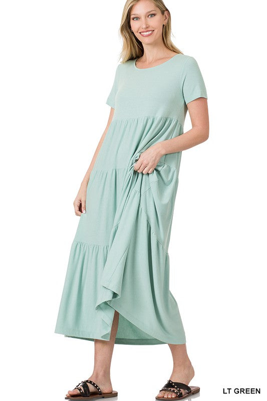 SHORT SLEEVE TIERED MIDI DRESS