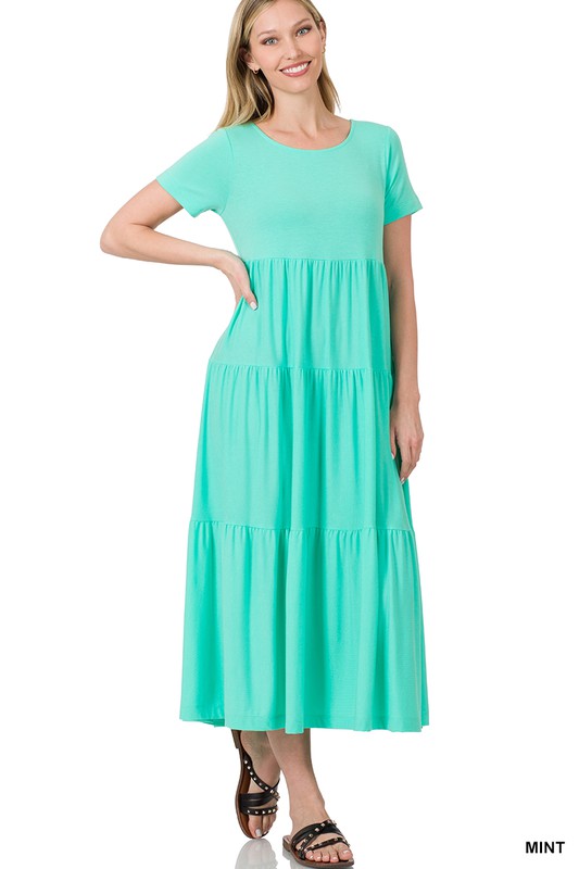 SHORT SLEEVE TIERED MIDI DRESS