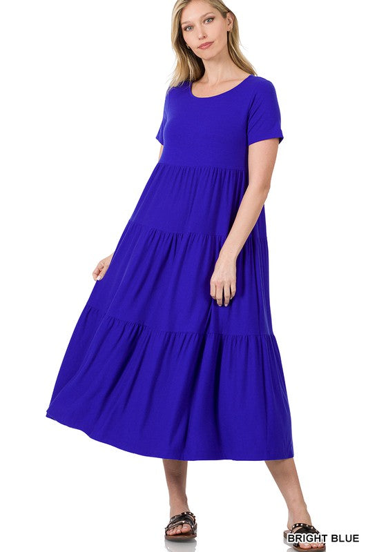 SHORT SLEEVE TIERED MIDI DRESS