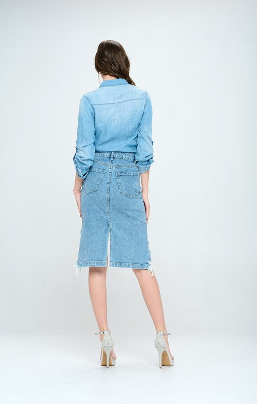 FRONT DESTROYED DENIM SKIRT